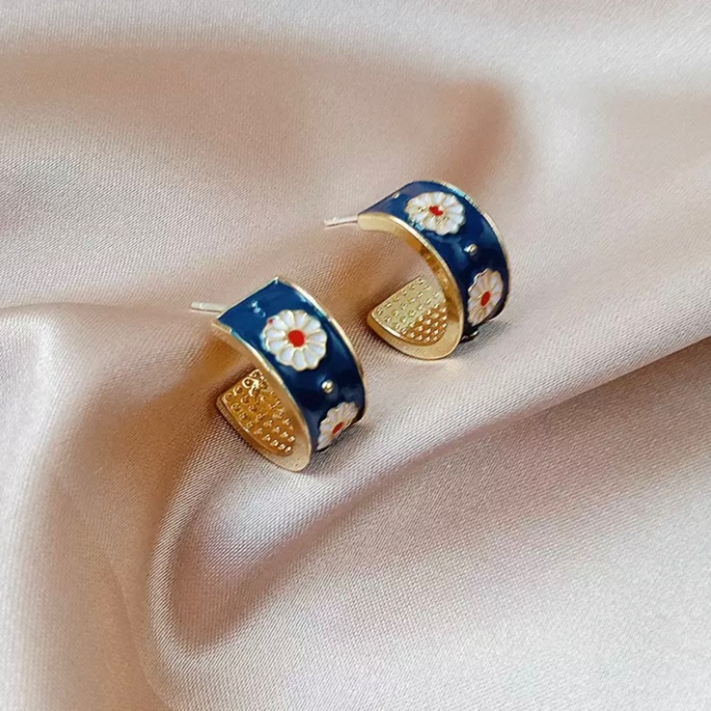 Cute C-shaped Blue Floral Earrings Accessories Jewelry